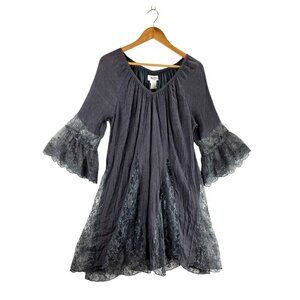 Boho Dark Gray Dress Mini Angle Heart Medium Peasant Ruffle Lace Tunic Gypsy Vin